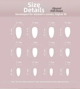 Tableau des tailles pour faux ongles amande avec dimensions pour 12 tailles et 24 pièces