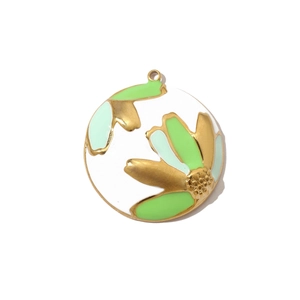 Detail of round floral pendant with white enamel, gold leaf edges and green petals