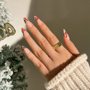 Christmas Red Green Flower Press On Nails Almond Shape Long Nude Pink False Nails Gold Foil Holiday Manicure For Women