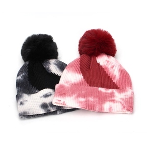Women tie-dye knit beanie hats with large faux fur pompom in black and pink sets