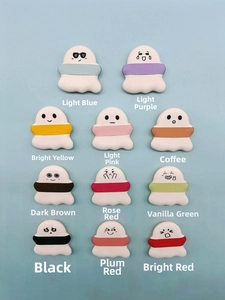 Detailed grid view of 11 colorful cartoon ghost puffs with cute facial expressions