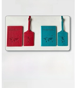 Detailed view of PU leather passport holder and luggage tag set with embossed world map