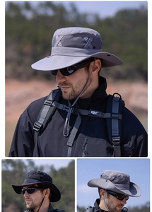Détail chapeau soleil extérieur à large bord avec maille respirante et mentonnière