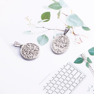 Silver stainless steel tree of life pendants with Celtic and Greek pattern borders