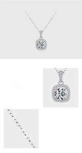 Detailed view of S925 sterling silver necklace with a square halo 5A cubic zirconia pendant