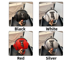 Detailed comparison of punk rivet shell bags in black, white, red, and silver finishes
