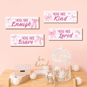 Set of 4 Bohemian pink wood wall signs with inspirational quotes for girl's bedroom