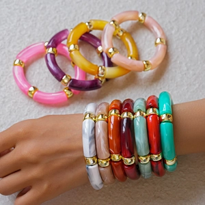 Colorful acrylic bamboo tube bracelets with gold beads and marble texture for women