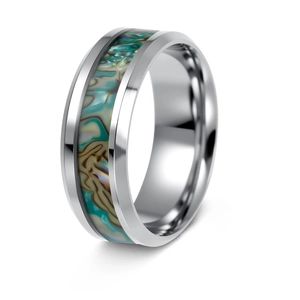 Macro detail of 8mm stainless steel ring featuring colorful abalone shell inlay