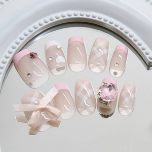 Pink and white plaid press-on nails with sweet bowknot and luxury heart-shaped crystals