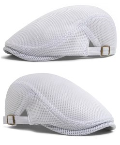 Close-up of white mesh beret with breathable texture and adjustable metal buckle