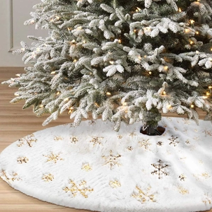 Jupe De Sapin De Noël Peluche Fausse Fourrure Broderie Flocon De Neige Paillettes Décoration De Fête Maison Luxe Élégant Rond Blanc