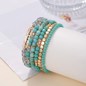 Lot de 6 bracelets bohèmes perlés bleu et doré avec breloque gravée Amazing Grace