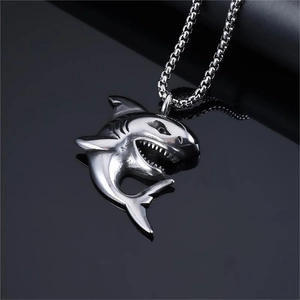 Polished stainless steel shark pendant necklace on a sleek round box chain for men
