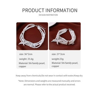 Detail view of layered pearl necklace and bracelet set with eagle pendant specs