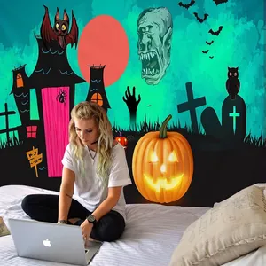 Halloween wall tapestry featuring a haunted castle, pumpkins and bats for home decor