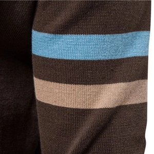 Men's dark brown knit cardigan with light blue and beige horizontal stripes texture