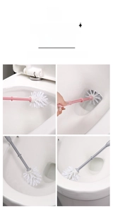 Detailed views of flexible spherical brush head cleaning toilet rims and narrow tile gaps