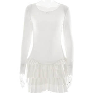 White long sleeve ruched mini dress with ruffle hem and crew neck for women