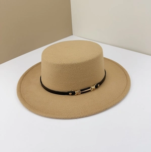 Elegant khaki wool felt boater hat with black leather band and gold metal buckle