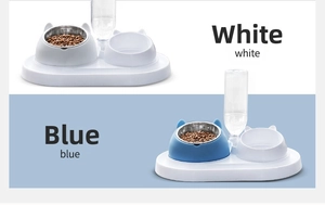 Dual pet bowl feeder with stainless steel basin and automatic water bottle in two colors