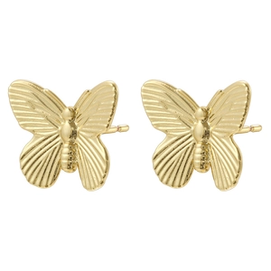 Polished 18K gold plated copper butterfly stud earrings with detailed nature-inspired texture
