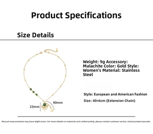 Detailed view of malachite fan pendant necklace with size dimensions and stainless steel spec
