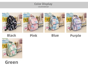 Detailed grid view showcasing the five available color options of the printed school backpack