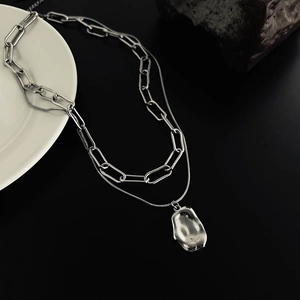 Double Layer Necklace Stainless Steel Irregular Molten Lava Pendant Paperclip Snake Chain Minimalist Jewelry For Women