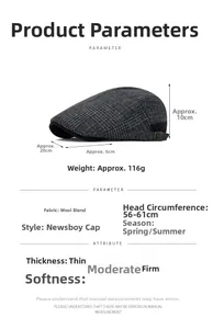 Size chart for wool blend flat cap showing 56-61cm head circumference and 10cm height