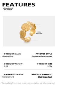 Detail view of adjustable gold stainless steel starburst ring showing size 1.7cm and weight