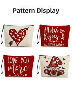 Detailed pattern display of canvas makeup bags with Valentine gnome and love heart designs
