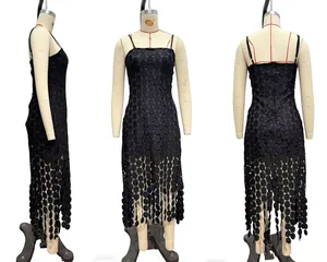 Three views of a black midi dress with hollowed dot texture and irregular hem details