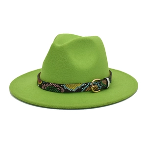 Lime green wool fedora hat with a colorful snakeskin leather band and gold buckle