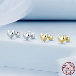 Minimalist 925 sterling silver heart stud earrings in gold and silver finishes