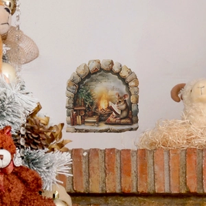 Detailed 3D wall sticker featuring a mouse reading by a fireplace in a cozy stone hole