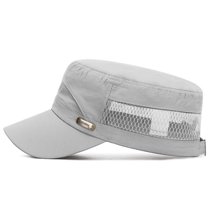 Lightweight grey flat top breathable mesh sun cap for men with adjustable back strap