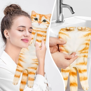 Realistic orange tabby cat shaped microfiber hanging hand towel for bathroom decor