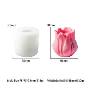 Vue détaillée du moule en silicone tulipe avec bougie rose et dimensions précises