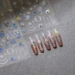 Detailed 5D embossed laser nail stickers with silver lotus and butterfly patterns