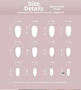 Detailed size chart for almond press-on nails showing 12 different length and width specs