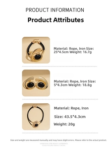 Detailed view of gold spiral metal jewelry set with black stones and dimensions