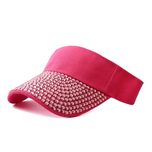 Detailed view of the rose red sun visor hat featuring premium sparkling pink rhinestones