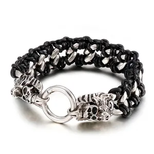 Punk Dragon Skull Head Braided Leather Stainless Steel Bracelet Gothic Rock Biker Jewelry For Men Retro Vintage