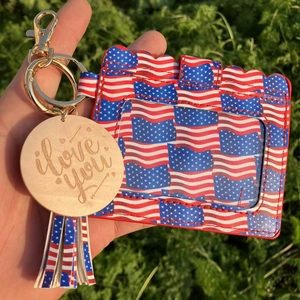 Detail of American flag pattern PU leather card holder with wooden tag and metal clasp