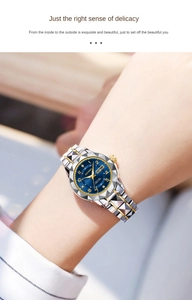 Close-up of elegant gold and silver watch with blue dial and day-date display