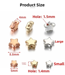 Star-shaped CCB beads in gold and silver showing detailed size dimensions and hole diameter