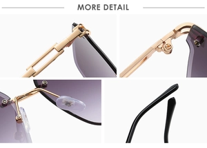 Close-up of golden metal hinges and nose pads on rimless gradient lens sunglasses