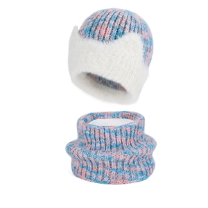 Women's winter knit hat and scarf set with pink and blue mixed yarn and faux fur trim