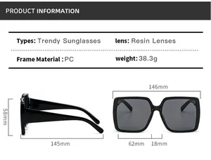 Detailed size chart for square frame sunglasses with precise lens and frame measurements